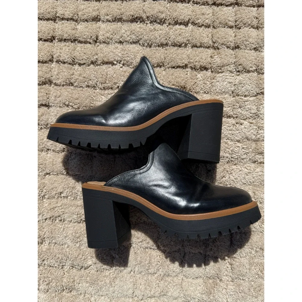 Free People Black Leather Platform Lug Sole Block Heel Mules Clogs Spain 8.5